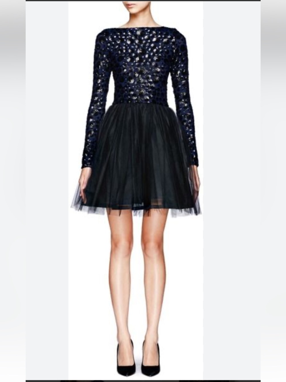 Alice + Olivia Bergen navy and black sequin tull mini dress